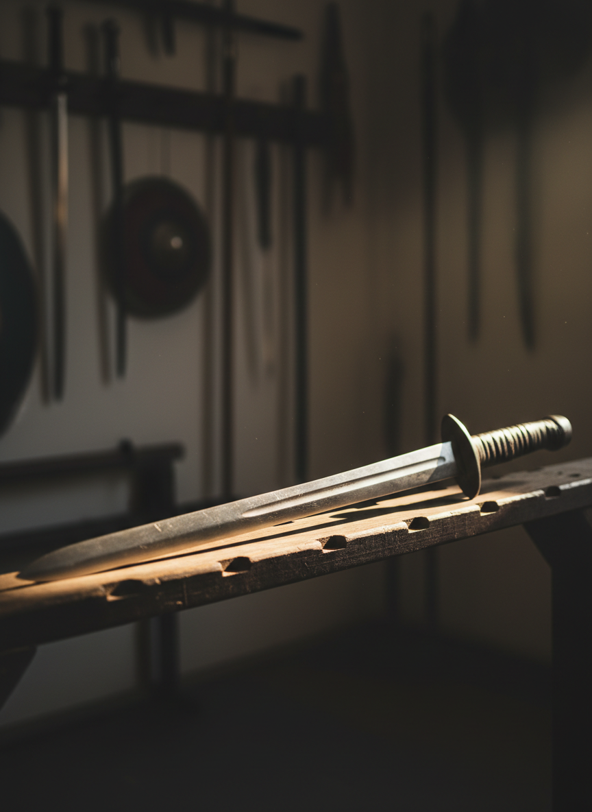 A close-up cinematic view of a single training sword resting on a slightly worn wooden rack, combining the straight, tapered blade profile of a HEMA longsword with the elegant curve of a traditional Korean sword. The steel is clean yet shows faint scuff marks from real practice, with a textured leather-wrapped grip and understated guard. Behind it, blurred outlines of other historical weapons line the wall of a dedicated martial arts studio. A narrow shaft of warm afternoon light falls across the blade, creating a bright line along its edge and deep shadows beneath. Captured with a shallow depth of field, the image feels bold, intimate, and authentically focused on practical weapon skill rather than decoration.