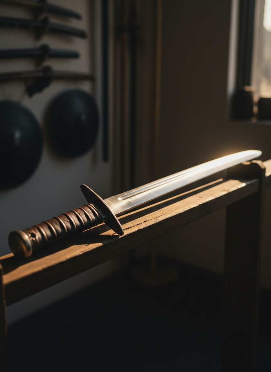 A close-up cinematic view of a single training sword resting on a slightly worn wooden rack, combining the straight, tapered blade profile of a HEMA longsword with the elegant curve of a traditional Korean sword. The steel is clean yet shows faint scuff marks from real practice, with a textured leather-wrapped grip and understated guard. Behind it, blurred outlines of other historical weapons line the wall of a dedicated martial arts studio. A narrow shaft of warm afternoon light falls across the blade, creating a bright line along its edge and deep shadows beneath. Captured with a shallow depth of field, the image feels bold, intimate, and authentically focused on practical weapon skill rather than decoration.