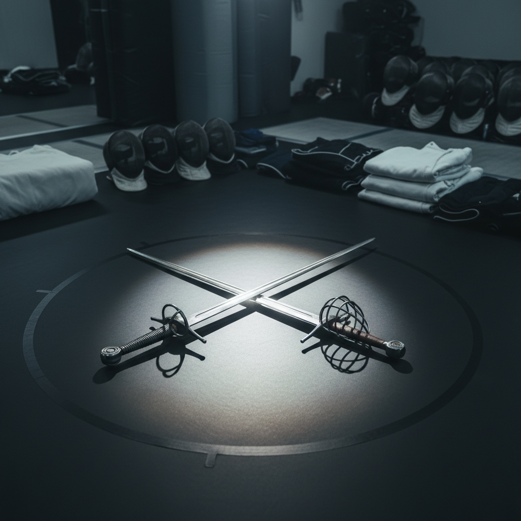 A cinematic training scenario implied without people: a pair of lightly scuffed steel longswords, matching in length but different in hilt design, lie crossed at the center of a marked sparring circle on matte black gym flooring. Around the circle, padded barriers, neatly stacked fencing masks, and folded uniforms sit in soft focus, suggesting active HEMA and Korean sword practice. Cool, diffused overhead lighting is punctuated by a brighter spotlight directly above the crossed blades, creating a sharp highlight where they meet and a halo of reflected light. Captured from a slightly elevated, three-quarter angle, the composition draws the eye to the center, conveying intensity, respect, and the aftermath of serious, technical training rather than staged performance.