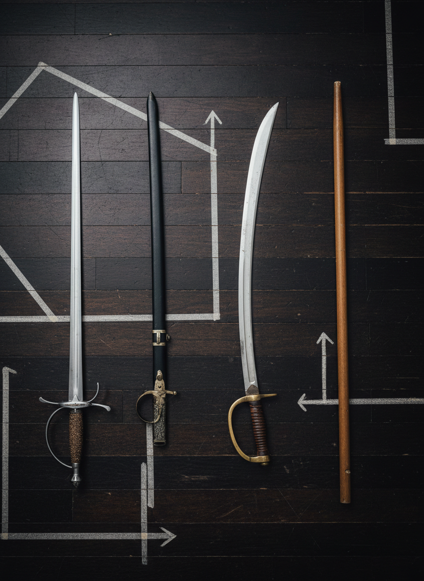 An overhead cinematic shot of a precisely organized training layout on dark wooden flooring: a HEMA feder, a Korean straight sword, a curved sabre, and a sturdy wooden practice staff all aligned with measured spacing. Each weapon shows realistic training wear—subtle nicks, scuffs, and polished grips from constant handling. Chalk lines and faint tape markings on the floor hint at footwork drills and sparring zones. Soft, diffused studio lighting from above creates even illumination with gentle specular highlights along blades and metal fittings. The composition is clean and graphic, with strong lines and clear geometry, communicating structure, discipline, and the serious, methodical nature of weapon-based martial arts practice.