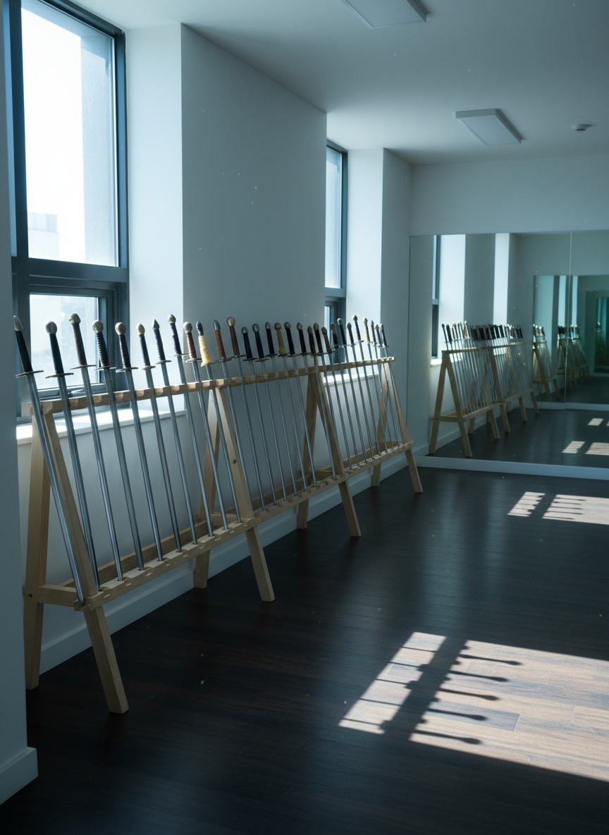A meticulously arranged training hall dedicated to sword martial arts, with a long row of polished steel longswords and curved Korean swords displayed on simple wooden racks. The weapons’ sharpened edges and brushed metal surfaces catch the light, revealing subtle grind lines and careful maintenance. The space features smooth, dark wooden flooring, clean white walls, and a distant mirrored section reflecting the arsenal. Dramatic cinematic lighting from high windows creates angled beams of cool daylight, carving bold shadows across the floor and hilts. Shot at eye level with a wide lens, the composition emphasizes depth and symmetry, evoking discipline, focus, and the serious atmosphere of real martial arts training in a modern dojang.