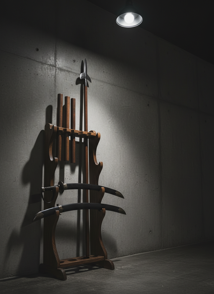 A moody, cinematic corner of a Korean martial arts weapons school, where a vertical stand holds paired swords, short wooden batons, and a practice spear, all resting against a raw concrete wall. The stand is made of dark-stained oak with visible grain, contrasting with the cold, matte texture of the concrete. One curved sword is slightly angled forward, its scabbard lacquered in deep charcoal with minimal metal fittings. A single overhead industrial light casts strong, directional illumination, creating long, dramatic shadows that stretch across the wall and floor. Shot from a low angle with the stand off-center, the image feels bold, contemporary, and grounded in authentic, combat-focused training rather than ornamental tradition.